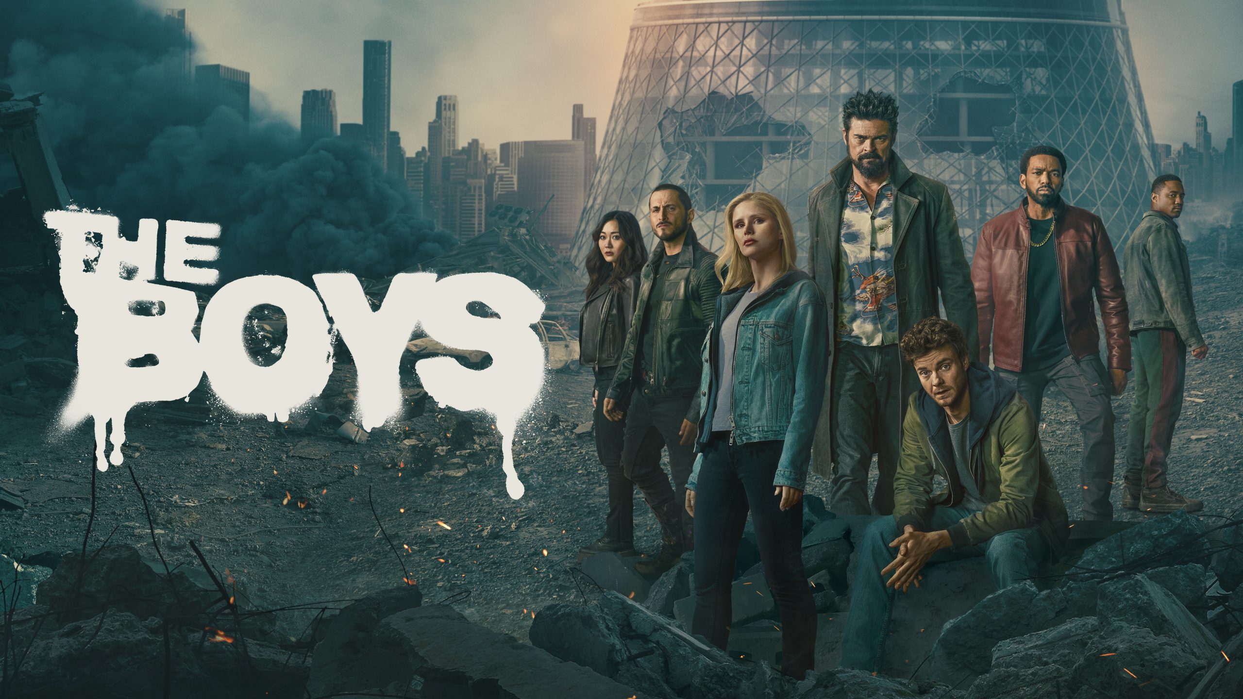 Reparto de la serie de television The Boys en un escenario destruido